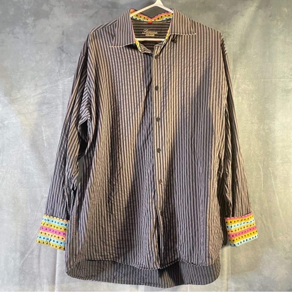 Luchiano Visconti Button Down Men’s 2XL Black‎ & Grey Striped Long Sleeved Shirt